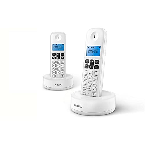 Philips D1612W - 2 Teléfonos Fijo Inalámbrico Duo, Retroiluminación, HQ-Sound, Agenda 50 números, Consumo reducido Eco, Identificador de Llamadas, Alcance 50m-300m - Blanco (Compatible: ES, IT, FR)