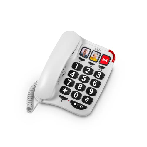 SPC Comfort Numbers 2 - Teléfono Fijo para Mayores con Teclas Grandes, 3 memorias directas con Foto, Volumen Muy Alto, Compatible audífonos, señal Luminosa, sobremesa o Pared - Blanco