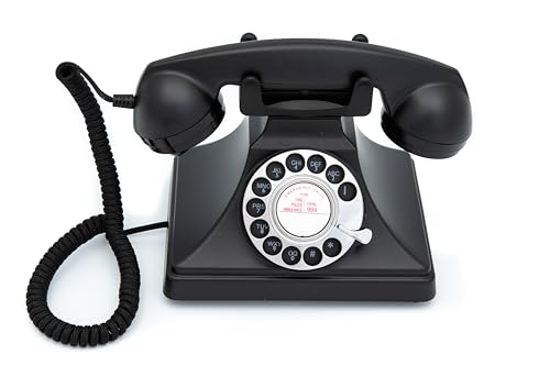 GPO 200 Teléfono Vintage clásico - Disco Giratorio, Cable de Tela y Timbre Tradicional auténtico - Negro