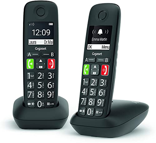 Gigaset E290 - Teléfono Fijo Inalámbrico con Teclas Grandes - Perfecto para personas mayores - Pantalla de Alta Visibilidad - Manos Libres - Compatible con audífonos - Pack de 2 Unidades, Negro