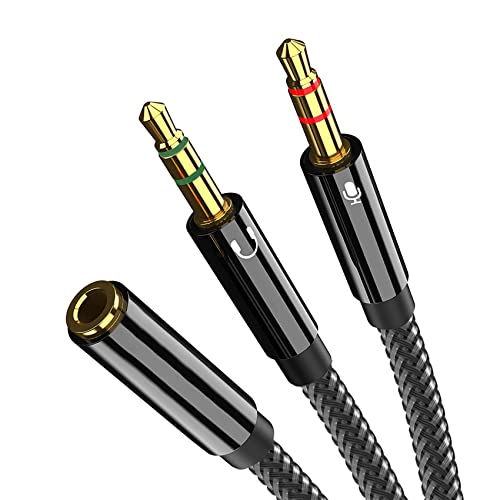 JeoPoom Adaptador de Cable Jack de 3,5 mm, Cable Adaptador Jack Hembra 3.5mm a Jack Doble Macho para Auricular Micrófono Separadas(22cm)
