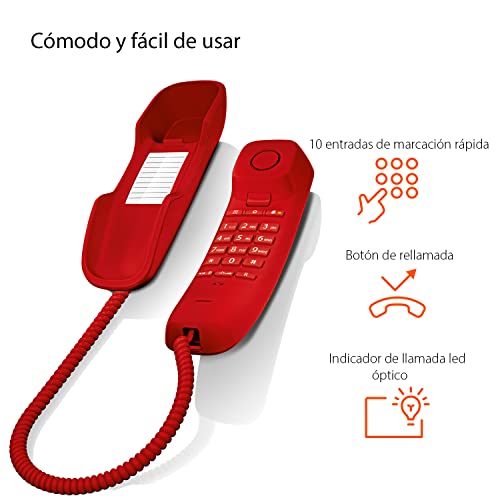 Gigaset DA210 - Teléfono con cable elástico - Espacio para 10 entradas de marcación rápida - Rellamada - Compatible con audífonos - Melodía y volumen del timbre ajustables - Color Rojo