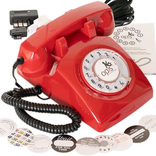 Teléfono Fijo Retro Vintage con Disco rotativo y Timbre metálico Creado por Opis Technology en Alemania - El Opis 60s Cable al Estilo de los Antiguos aparatos de los años Sesenta (Rojo)