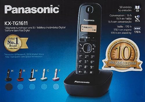 Panasonic KX-TG1611SPH - Teléfono Fijo Inalámbrico DECT, LCD, Identificador de Llamadas, Agenda de 50 Números, Tecla de Navegación, Alarma, Reloj, color Negro