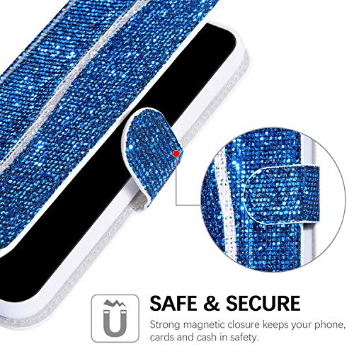 Funda de piel sintética con purpurina para iPhone 8 Plus, con lentejuelas, cierre magnético, cierre magnético, funda para iPhone 7 Plus/8 Plus, color azul